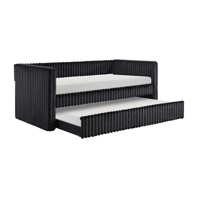 Modern Daybed with Pull-Out Trundle and Tufted Nailhead Trim for Space-Saving Comfort and Stylish Functionality., Black