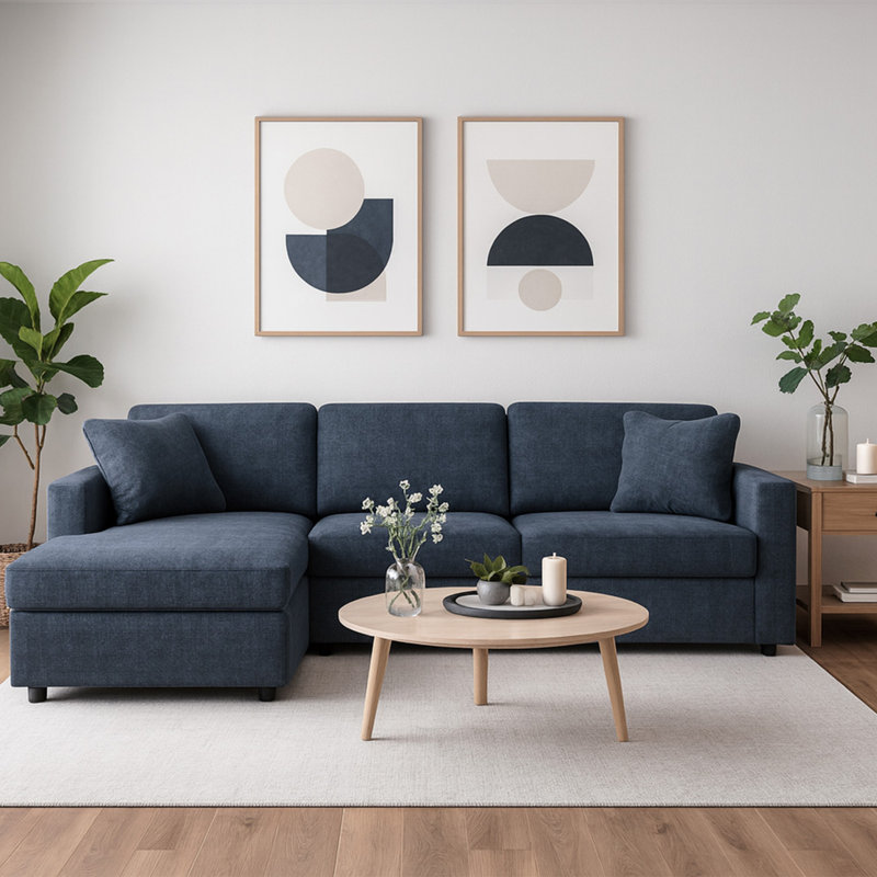 Chobanyan Sectional With Chaise, Face à la gauche, Polyester bleu, H 36 po x l 109 po x P 68 po