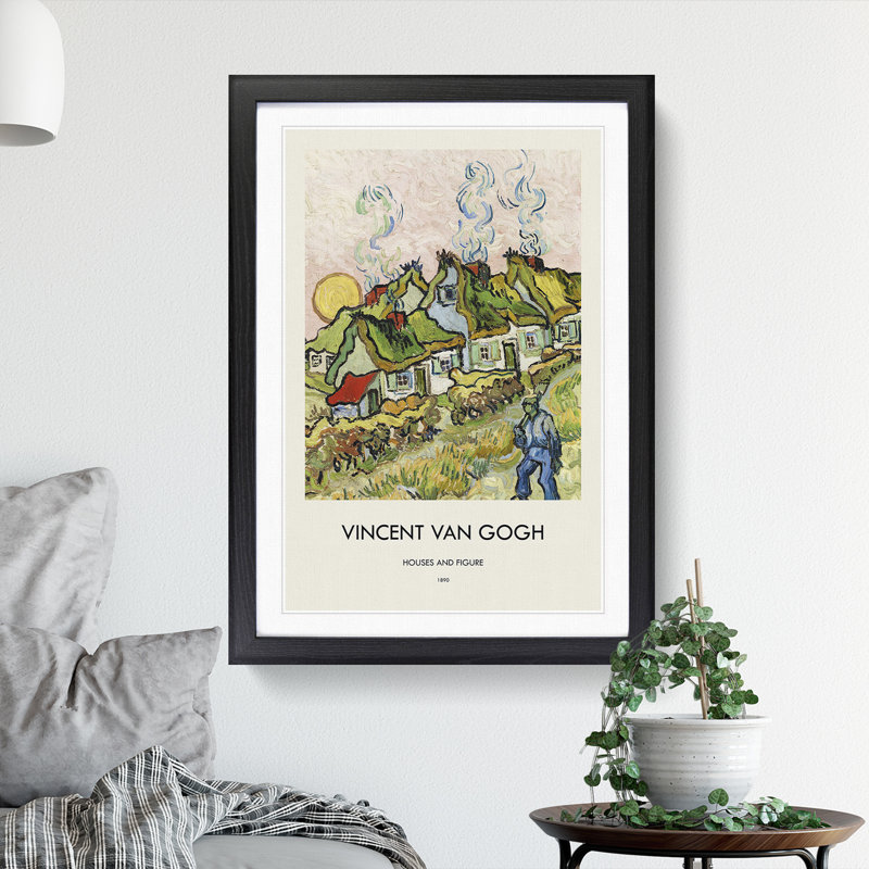 Houses and Figure by Vincent Van Gogh - Picture Frame Painting, 65cm H x 48cm W x 2cm D, Black Framed