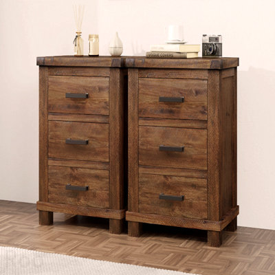 Rustic Three-Drawer Reclaimed Solid Wood Farmhouse Nightstand Set of Two