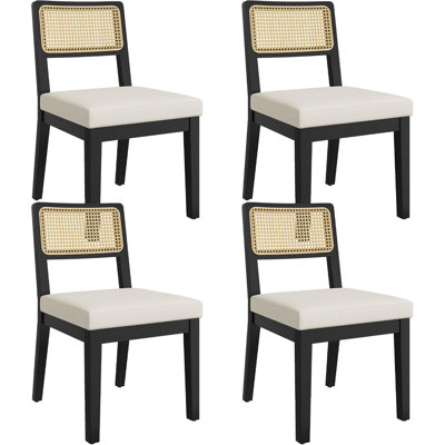 Rattan Dining Chairs Set of 4, Linen Upholstered Wood Chairs, Black