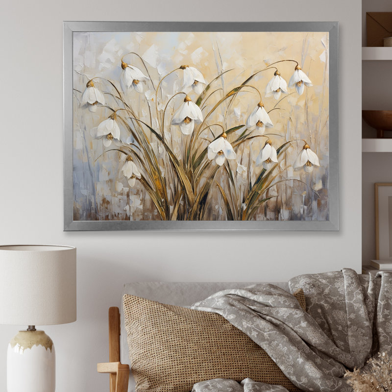 Minimalisme «Snowdrop Flowers Harmony I» sur toile, Cadre simple argenté, H 16 po x l 32 po x P 1 po