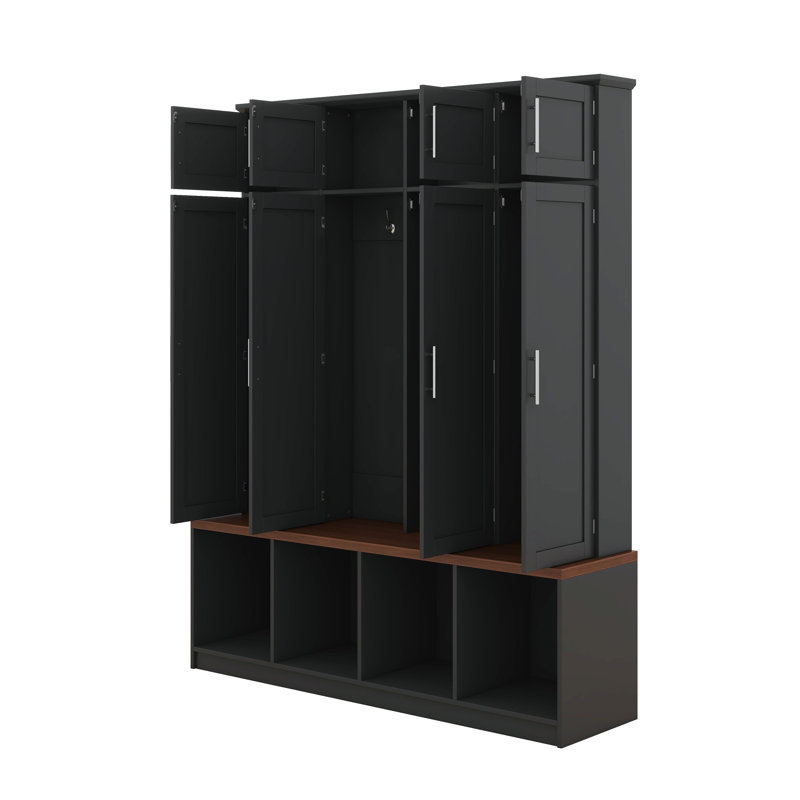 Arbre d'entrée avec banc de sièges, armoire à chaussures d'entrée avec compartiments ouverts, 4 crochets de suspension cachés et 8 portes