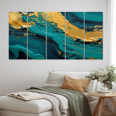 Golden Sunshine In Deep Blue Ocean Abstract II - Abstract Canvas Print - 5 Equal Panels