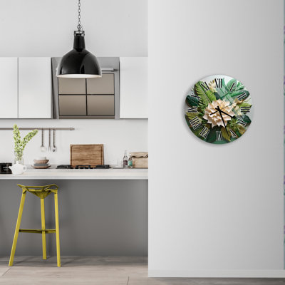 Green Tropical Floral Tempered Glass Wall Clock, Botanical Wall Decor, Modern Art Clock, Large Wall Clock for Home, Silent Clock