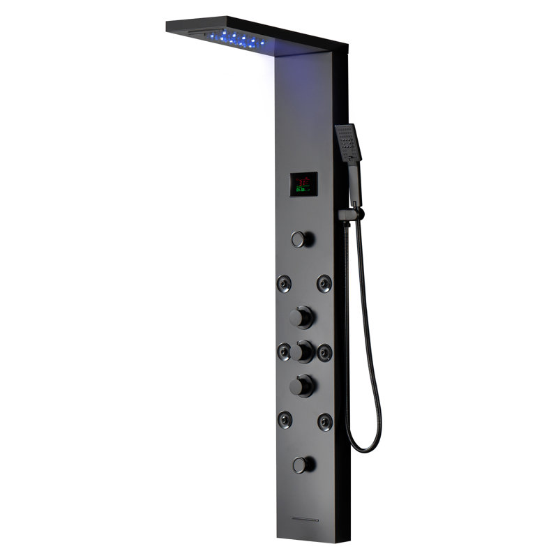Système de panneau de tour de douche à inverseur 6 voies avec pomme de douche à pluie, baguette de douche et lumière DEL en noir mat