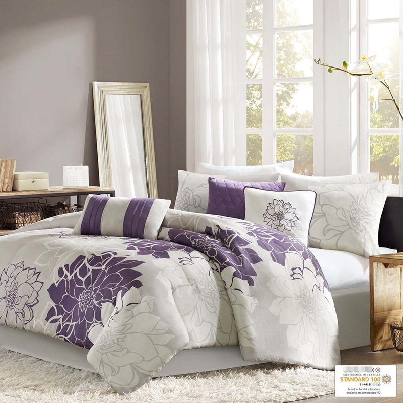 Édredon très grand imprimé en coton - taupe gris / mauve 2 taies décoratives 1 jupe de lit 3 coussins décoratifs élégants