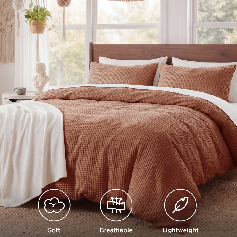 Essential Collection 100% Cotton Waffle Weave Duvet Cover Set, King Duvet Cover + 2 King Shams, Aragon Red