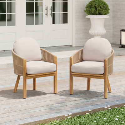 Samir Outdoor Acacia Wood Dining Chairs With Woven Rope & Cushions