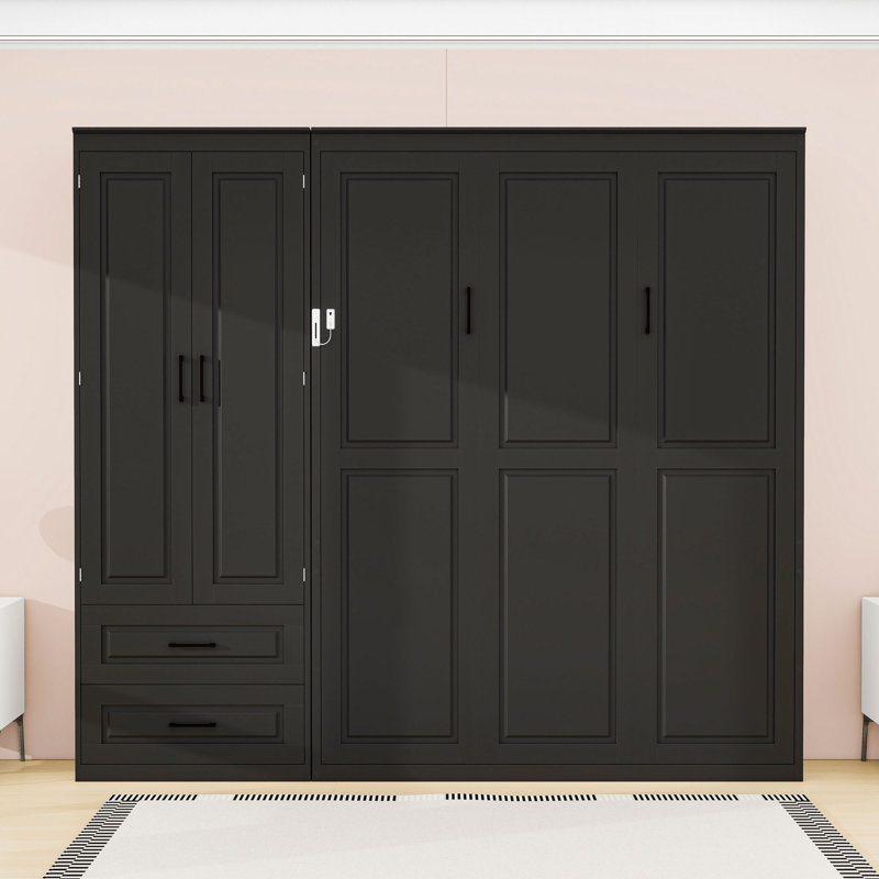 Grand lit escamotable en bois avec garde-robe de rangement et tiroirs, Noir