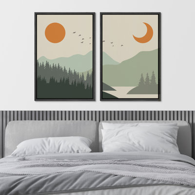 " Sun And Crescent Moon Over Green Gradient Forest Lake Nature Wilderness Illustrations " 2 - Pieces