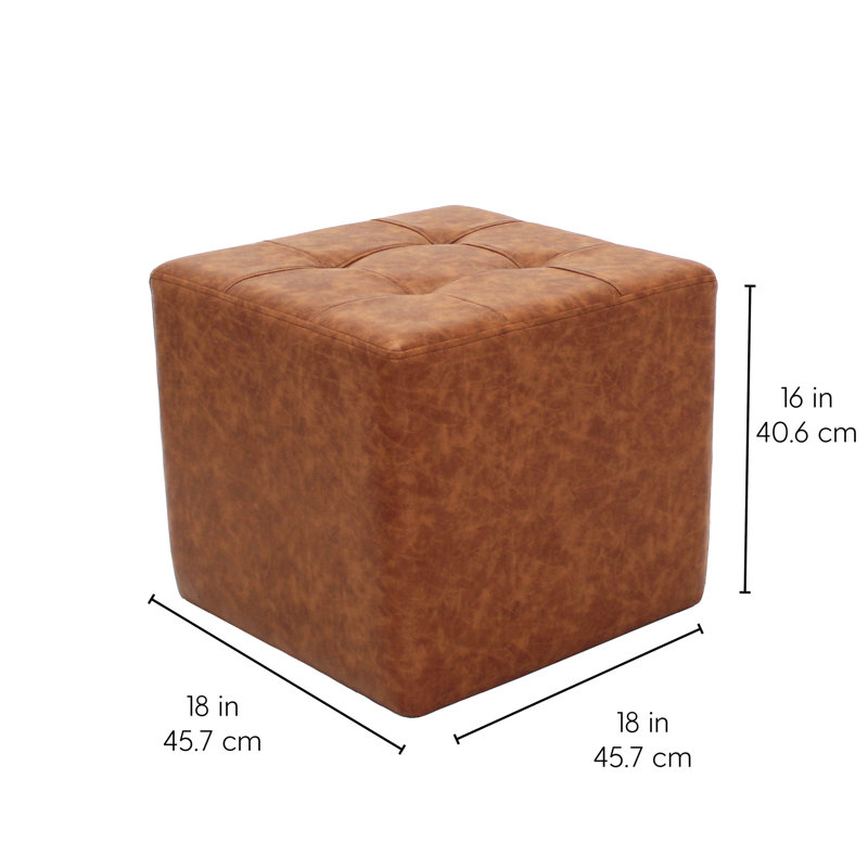 Distressed Tufted Square Ottoman, Brown Polyurethane