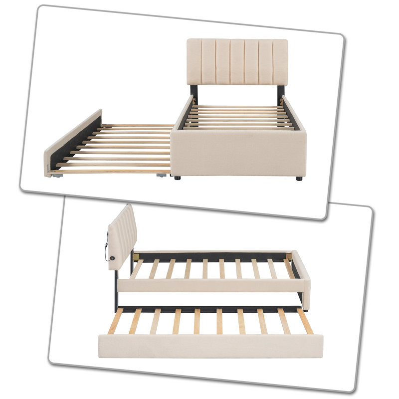 Lit plateforme tapissier moderne avec tête de lit à DEL et lit gigogne escamotable, ports de chargement USB, Beige, Simple