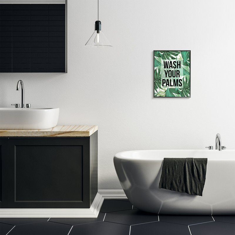 «Wash Your Palms Bathroom», feuilles de plantes vertes, H 20 po x l 16 po, Cadre noir