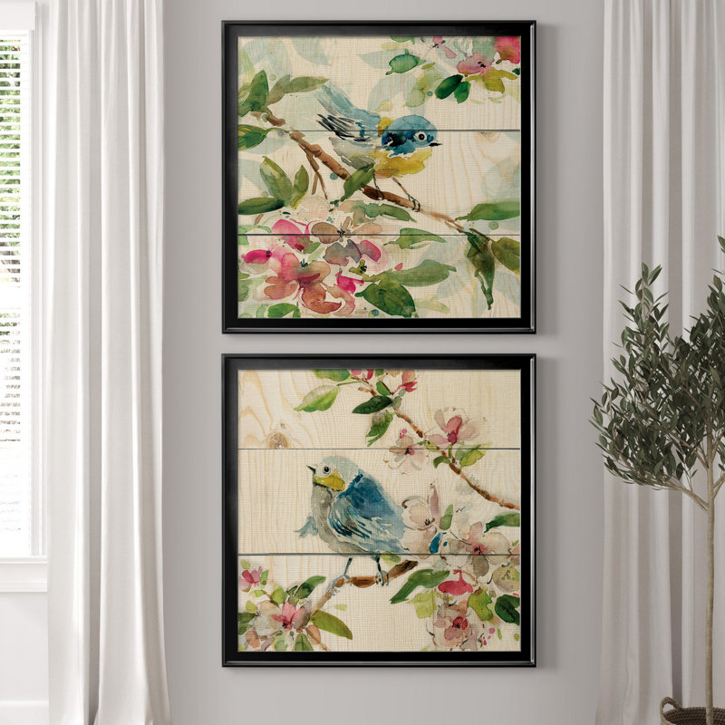 «Birds and Blossoms I», ensemble de 2 reproductions d'art encadrées, H 17,5 po x l 35 po, Noir