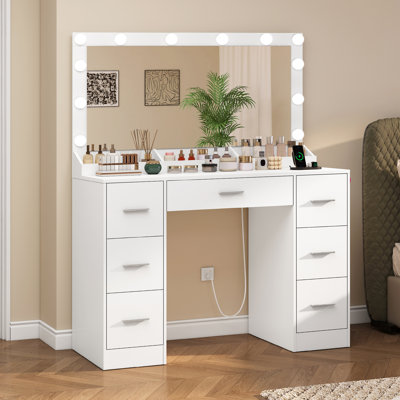 Makeup Vanity with Large Mirror and 7 Drawers, Hairdryer Holder, Vanity Desk with Charging Station, White
