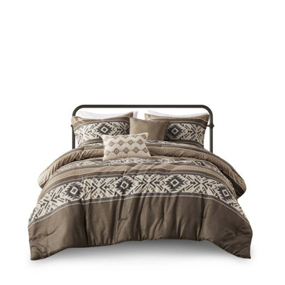 5 Piece Stripe Herringbone Comforter Set with Throw Pillows Brown King/Cal King