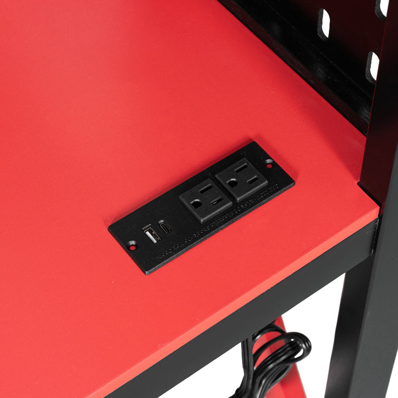 Lit mezzanine double noir et rouge avec tablettes à 4 niveaux et bande à DEL pour optimiser l'organisation du rangement