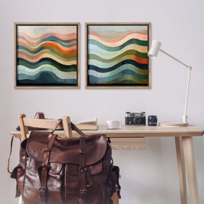 Earth Tone Fluid Waves  2 PC Framed Floater Canvas Set by Lazar Studio