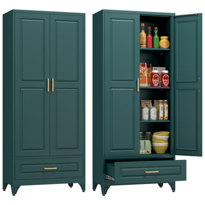 Green Metal Storage Cabinet,75" Tall Kitchen Pantry Storage Cabinet with Doors and Adjustable Shelves, Metal Pantry Cabinets with Drawer, Large Cupboard for Kitchen, Dining Living Room
