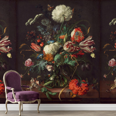 Murale nature morte à motif floral foncé | Papier peint vintage avec vase à fleurs | Non-tissé ou pelez et collez