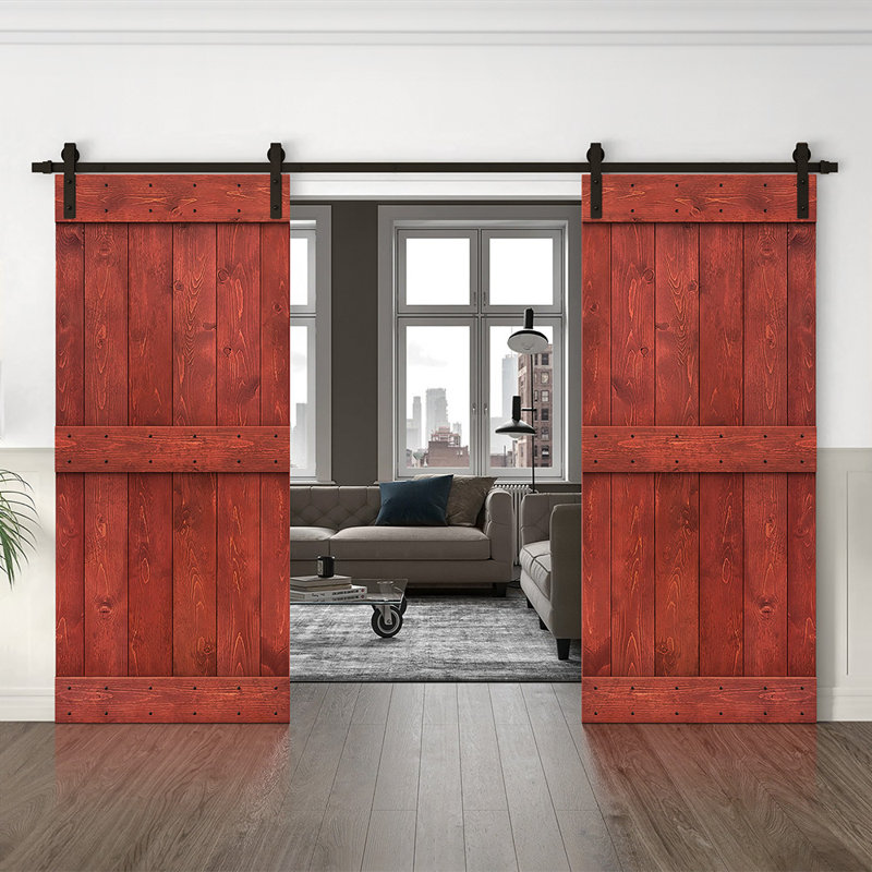 Porte de grange en bois massif lambrissé et métal, 40 po x 84 po, Rouge cerise
