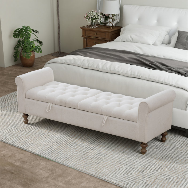 Upholstered Button-Tufted Storage Bench With Double Lids, Beige