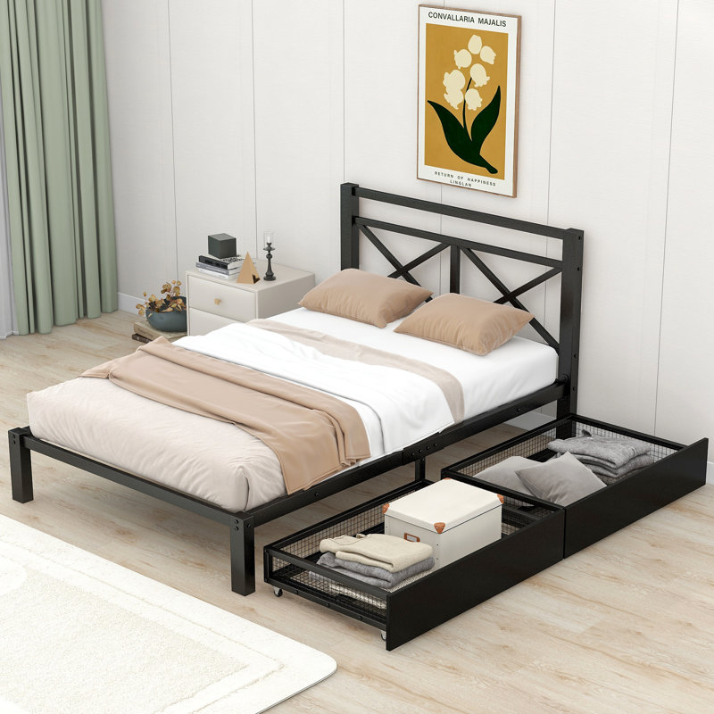 Lit plateforme en métal avec 2 tiroirs, Lit simple