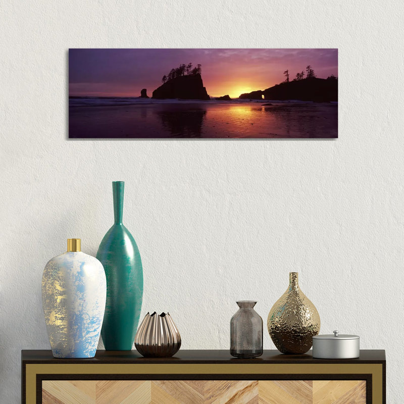 Silhouette Of Seastacks At Sunset - Wrapped Canvas Panoramic Print, 30.48 cm H x 91.44 cm W x 1.91 cm D