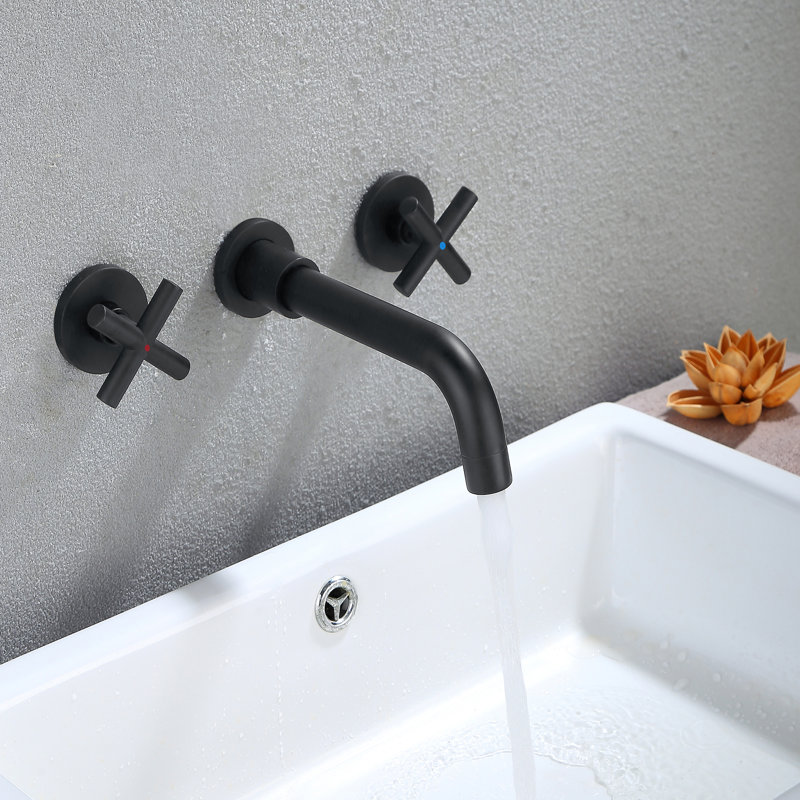  Robinet de lavabo mural avec poignée double, Poignées croix, Noir mat