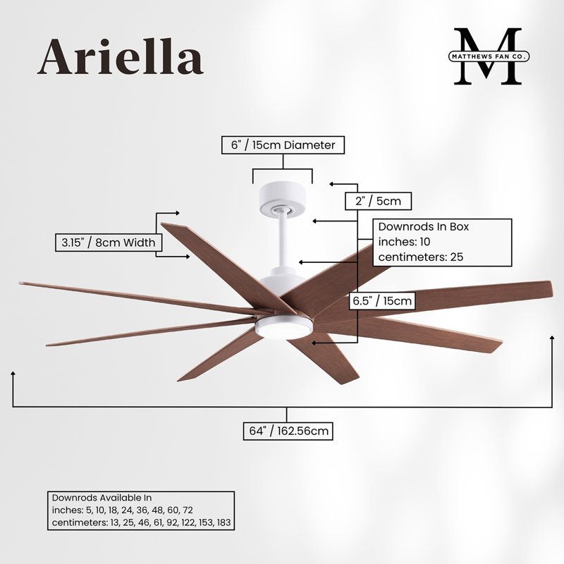 Ariella - Eight Blade Ceiling Fan - Integrated LED - Matte Black Finish - Matte White Blades, Matte White, Walnut Tone