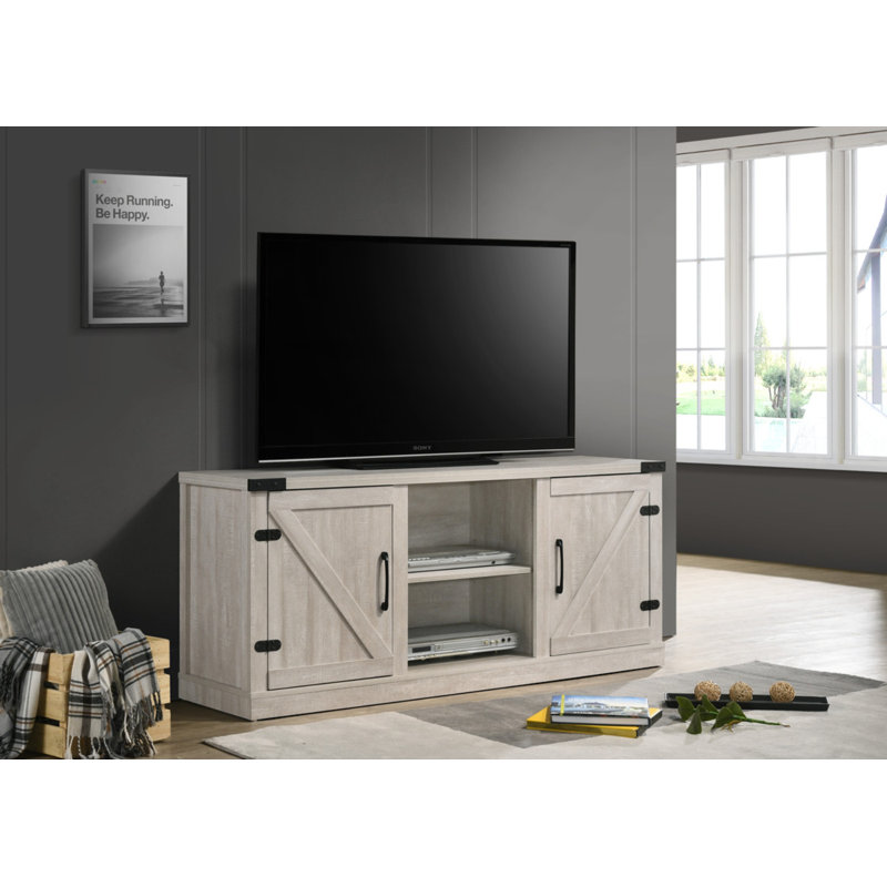 Meuble télé 58 po Salma Dusty Grey avec 2 tablettes ouvertes et 2 armoires, Gris poudré