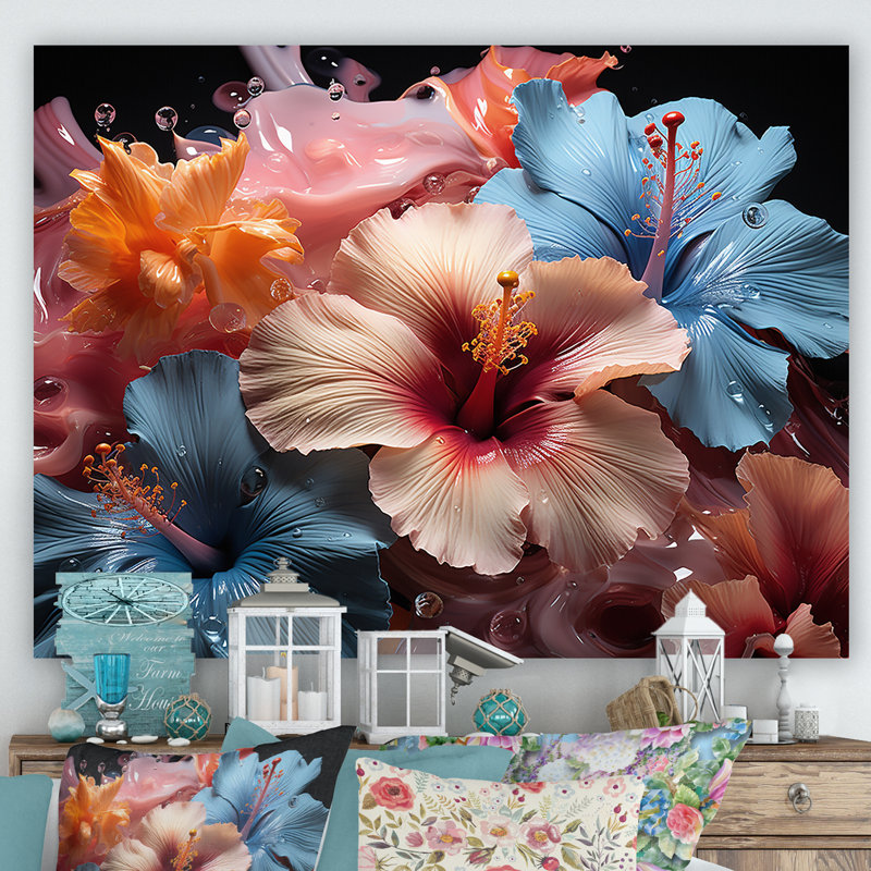 Hibiscus coloré et moderne I - Hibiscus, impressions d'art mural, Toile tendue, H 34 po x l 44 po x P 1,5 po