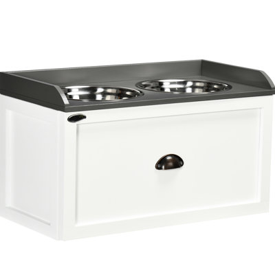 Station de nourriture pour chien élevée - rangement de tiroir et bols en acier inoxydable, armoire blanche avec bols robustes pour les grands chiens,