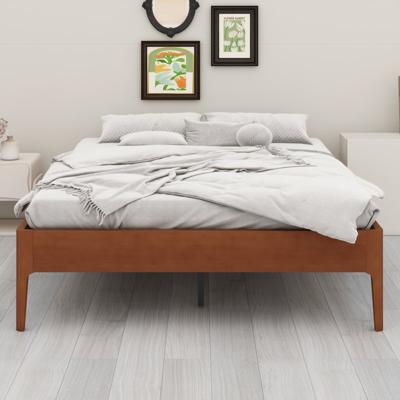 Contemporary Wood Platform Bed Frame with Wooden Slats and Metal Support, Brown