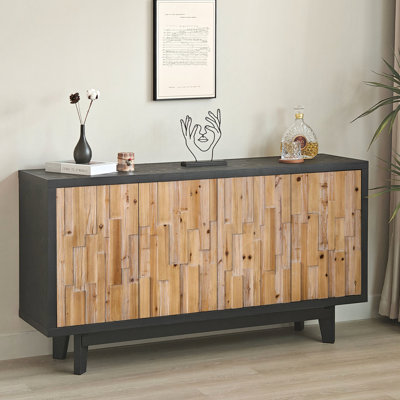 Modern Geometric Wood Cabinet - Natural Color, Spacious Interior Wooden 4-Door Buffet With Rustic Flair And Touch Functional Attractive