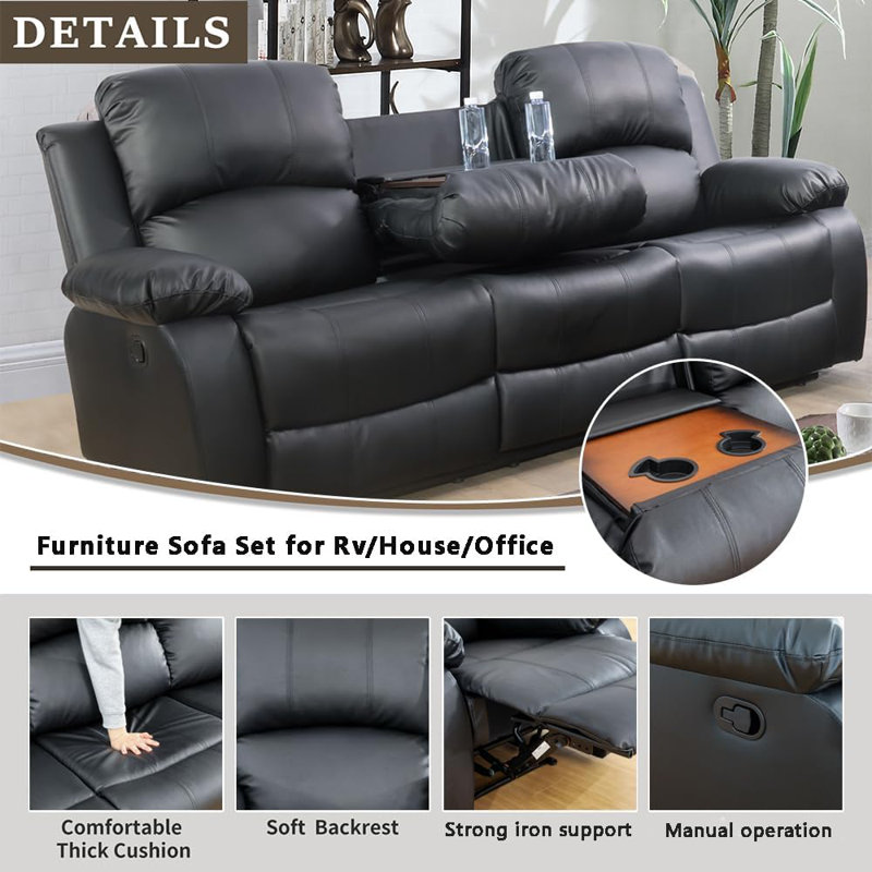 82'' Faux Leather Reclining Sofa, Black