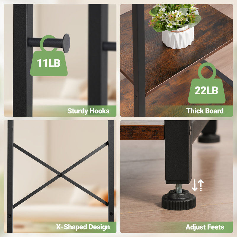 Freestanding 12-hook Coat Rack With Shoes Shelves, Rustic Brown/Black