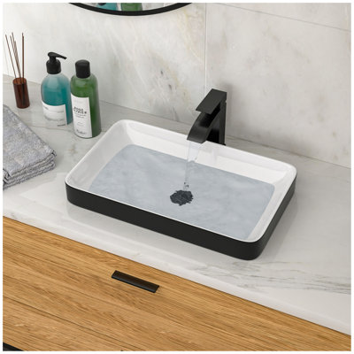19"X12" White & Black Semi-Recessed Ceramic Bathroom Sink - Countertop Vessel Design