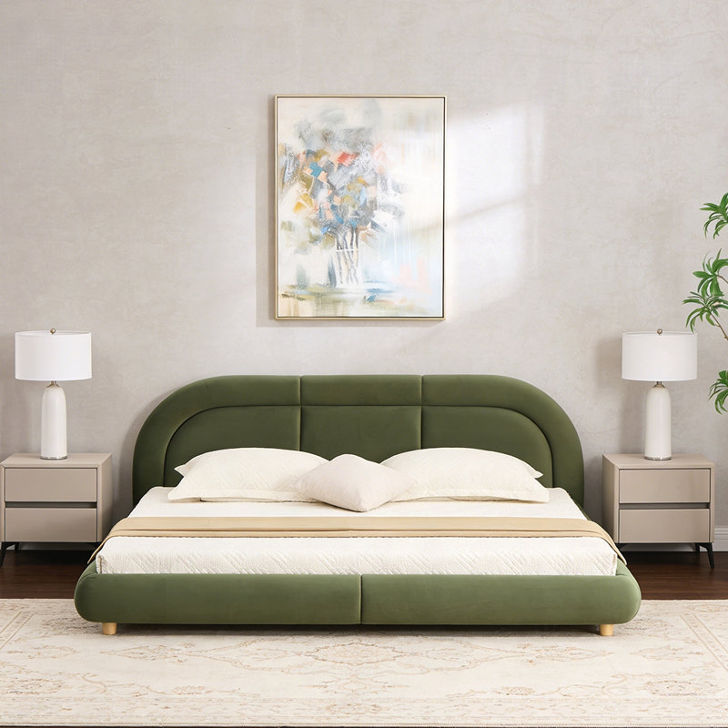 Lit plateforme tapissier courbé moderne avec tête de lit arrondie pour chambre à coucher contemporaine, Green