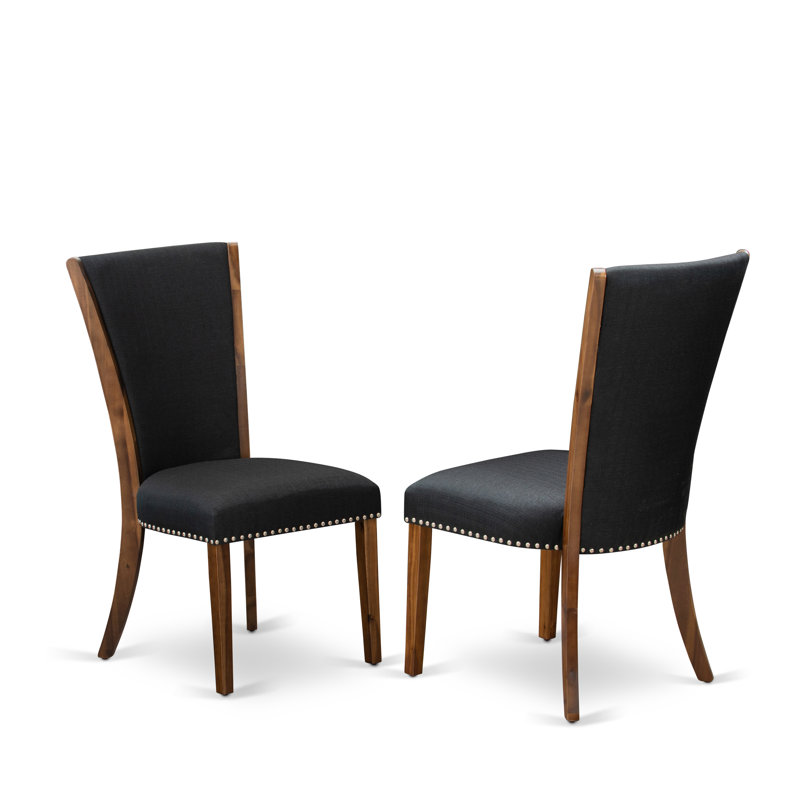 Verona Parson Dining Chairs - Nailhead Trim Black Color Linen Fabric Upholstered Chairs, Set of 2, Walnut, Black