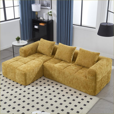 Canapés modulaires en L de 98,42 po avec méridienne pour salon, poches latérales, installation sans compression | Chenille | Jaune moutarde