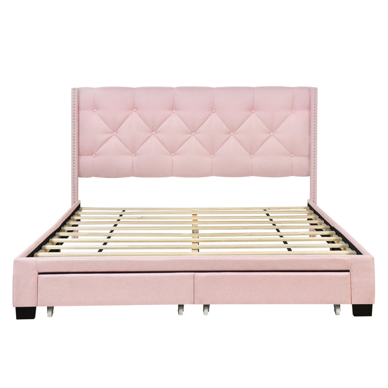 Lit plateforme tapissier grand avec deux tiroirs - Rose