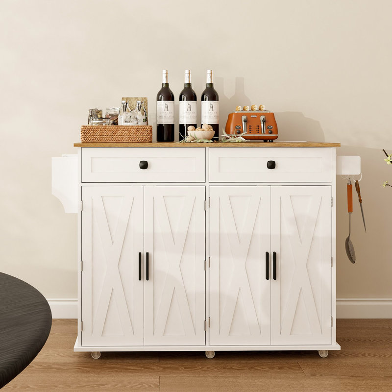 Îlot de cuisine roulant avec prise de courant | Deux grands tiroirs et deux portes en forme de X, une table d'appoint à abattants, des roulettes verrouillables - Chariot de rangement et de préparation pour petites cuisines, appartements, véhicules récréatifs