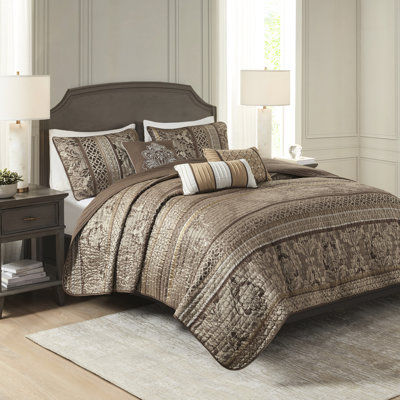 6 pièces courtepointe brune et dorée - tissu double / grand, motifs à rayures, coutures, coussins décoratifs, pops, literie lavable