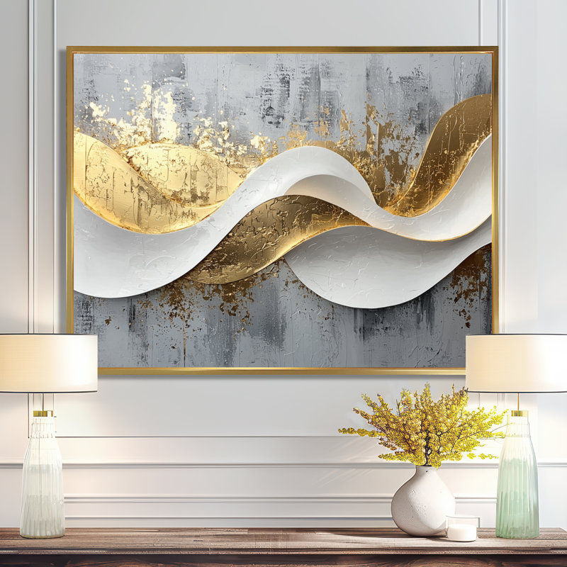 Abstrait bosquet d'introspection en or et blanc V - art abstrait de vagues modernes, H 30 po x l 40 po, Cadre flottant, Doré