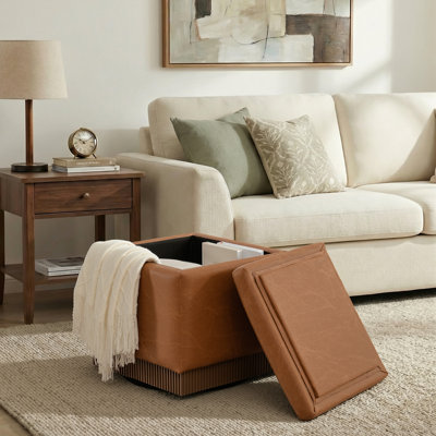 18.5"W Storage Ottoman With 360° Swivel Base Acacia Wood Frame Fully Assembled