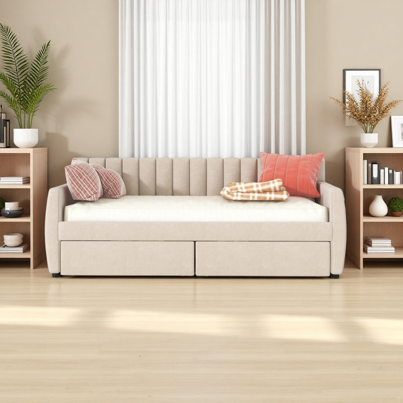 Lit de jour simple tapissier avec tiroirs, support en lattes de bois, Beige