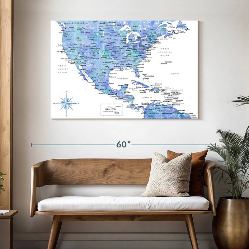 Carte bleue des États-Unis et de la mer des Caraïbes à Aliaz, H 32 po x l 48 po