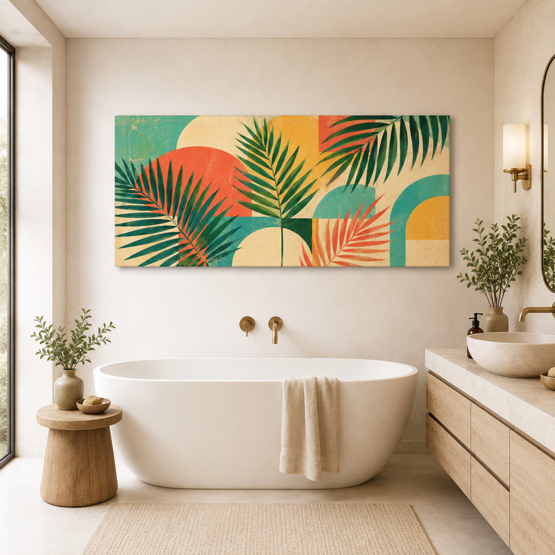 Art mural rétro sur toile, palmier tropical, 27.5"H x 55"W x 1.5"D